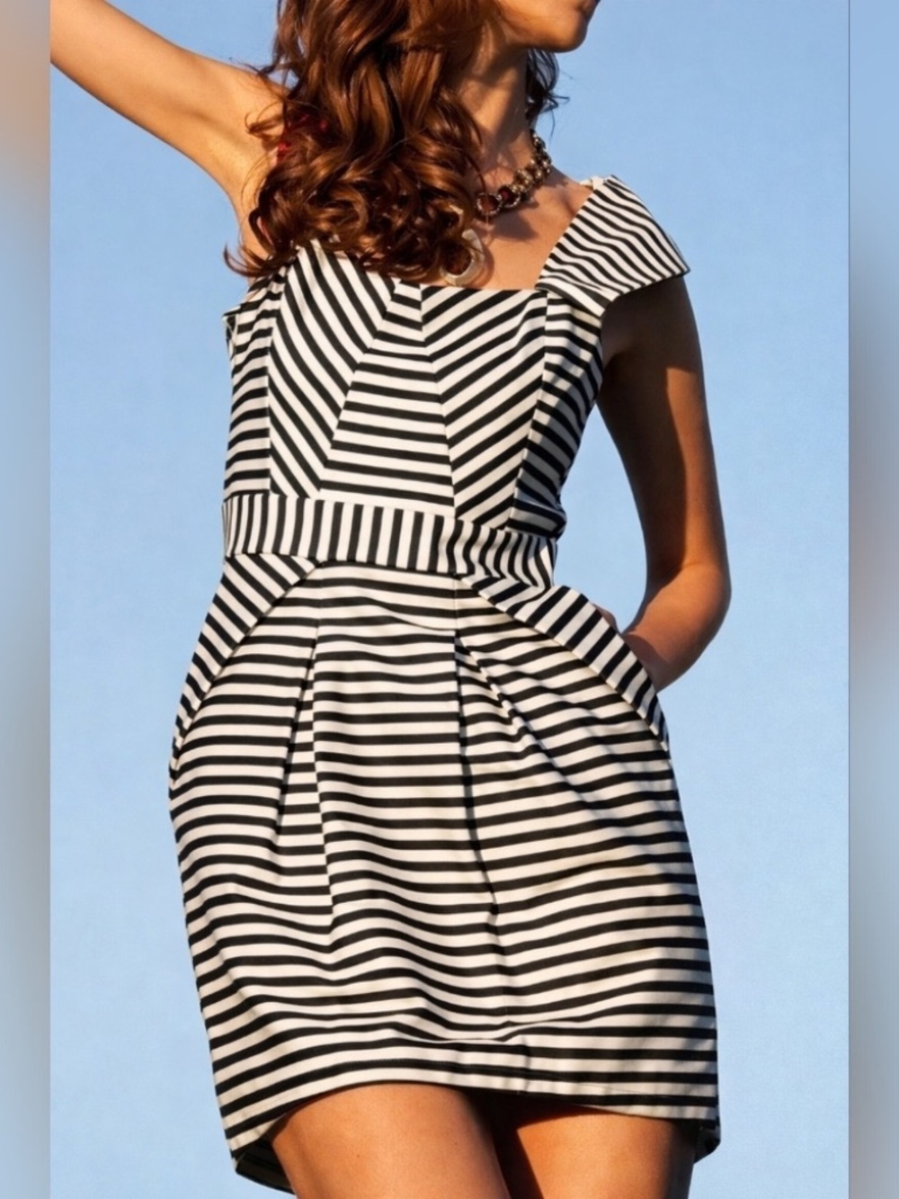 Pink martini navy stripe mini dress pockets L